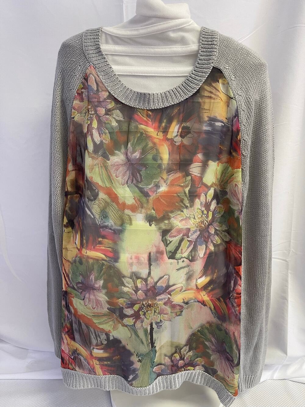 Alison Sheri Small Petite Floral Mixed Media Sweater Gray Multicolor